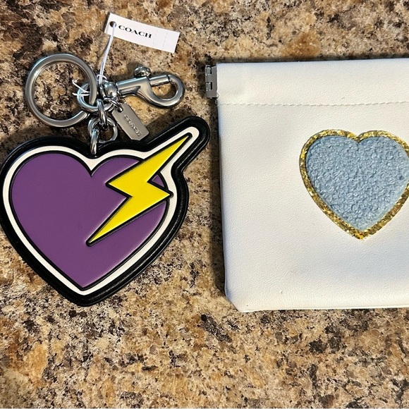 NWT COACH Heart & Bolt Silver Tone Bag Charm Or Key Ring Purple Black Yellow - Picture 5 of 8